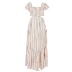 Blue Island Large Cutout Maxi Dress Striped Smocked‎ Flutter Sleeve Pink White